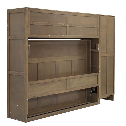 Full Size Murphy Bed Wall Bed with Wardrobe, 3 Drawers and Shelves, Antique Grey T745