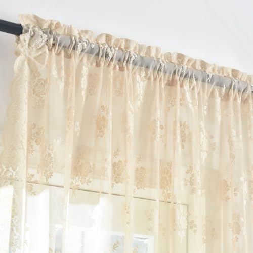 Kotile Ivory Lace Curtains 63 Inch Length 2 Panels Set, Scalloped Edge, Grommet H87710