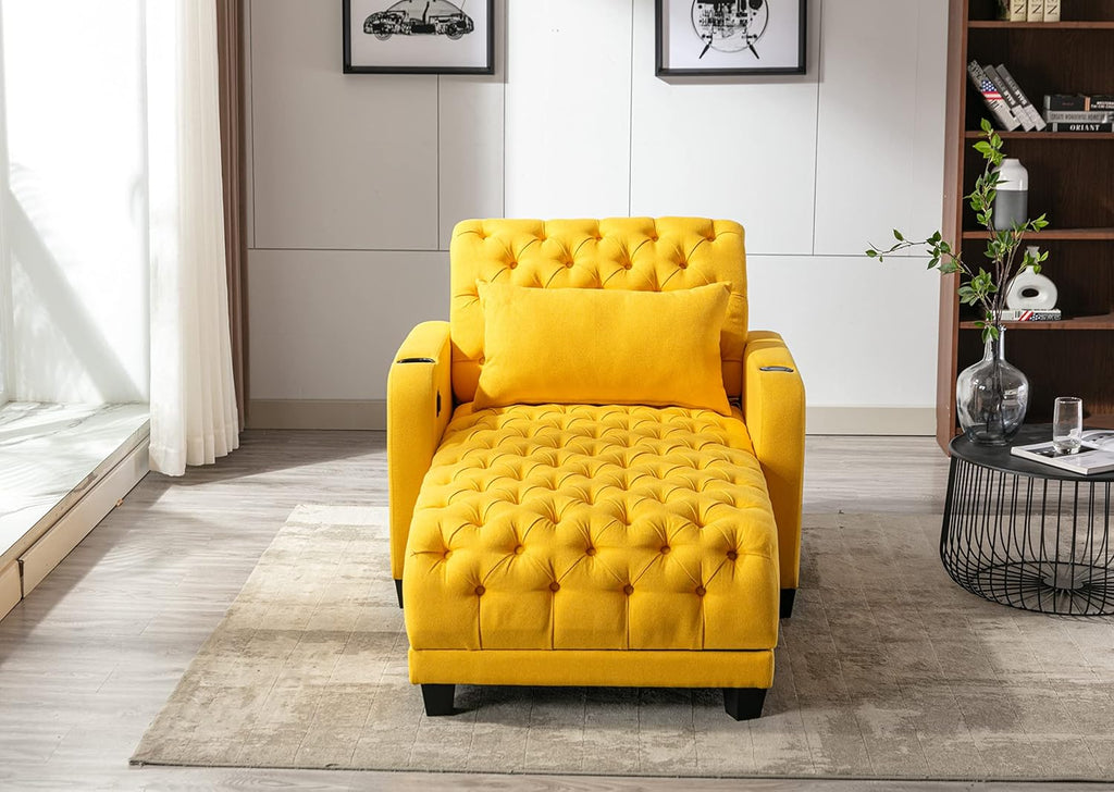 Button Tufted Chaise Lounge Sofa Bed with Pillow, Yellow P345