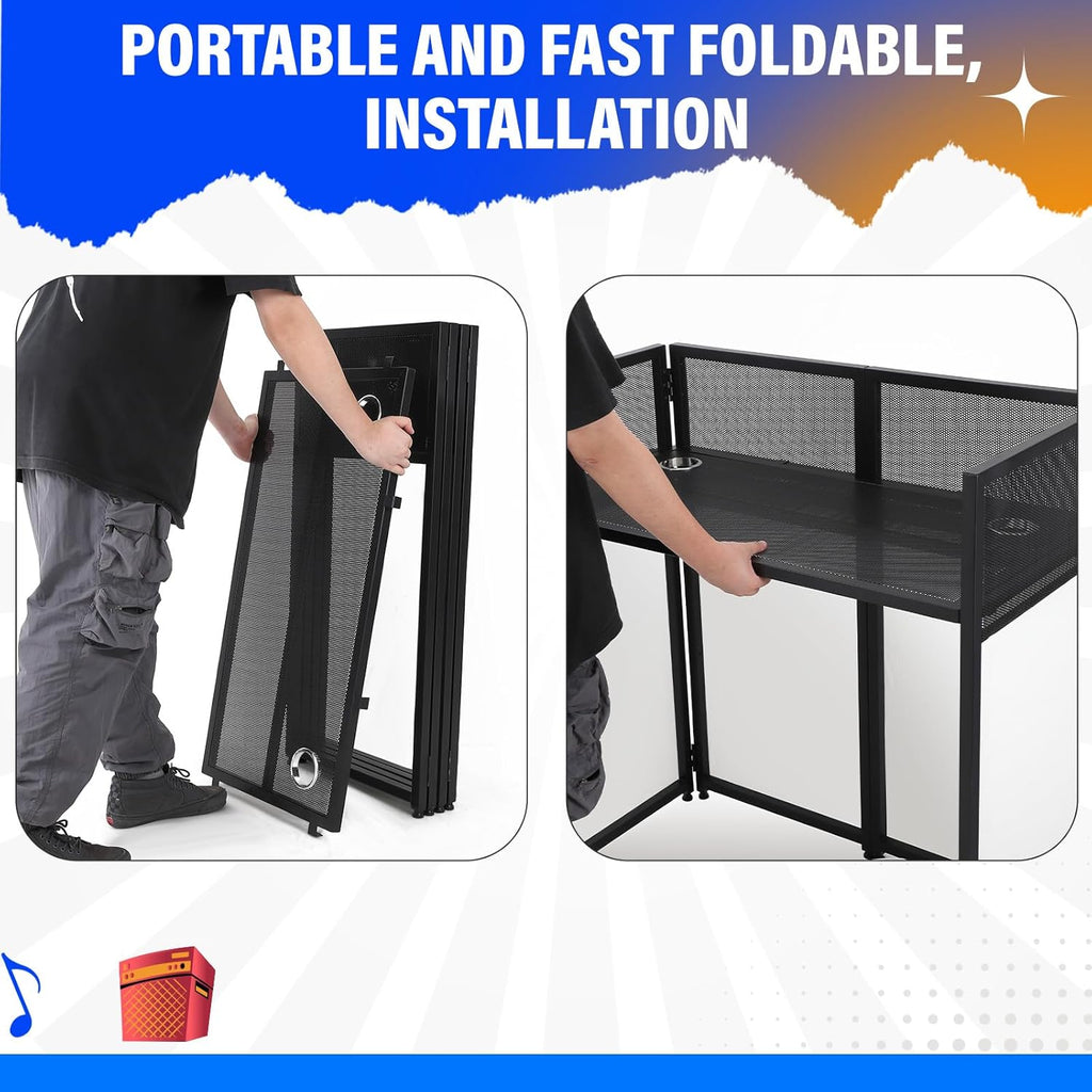 Portable DJ Facade Booth with White & Black Scrim, Foldable Table Station, Black Metal Frame Q241