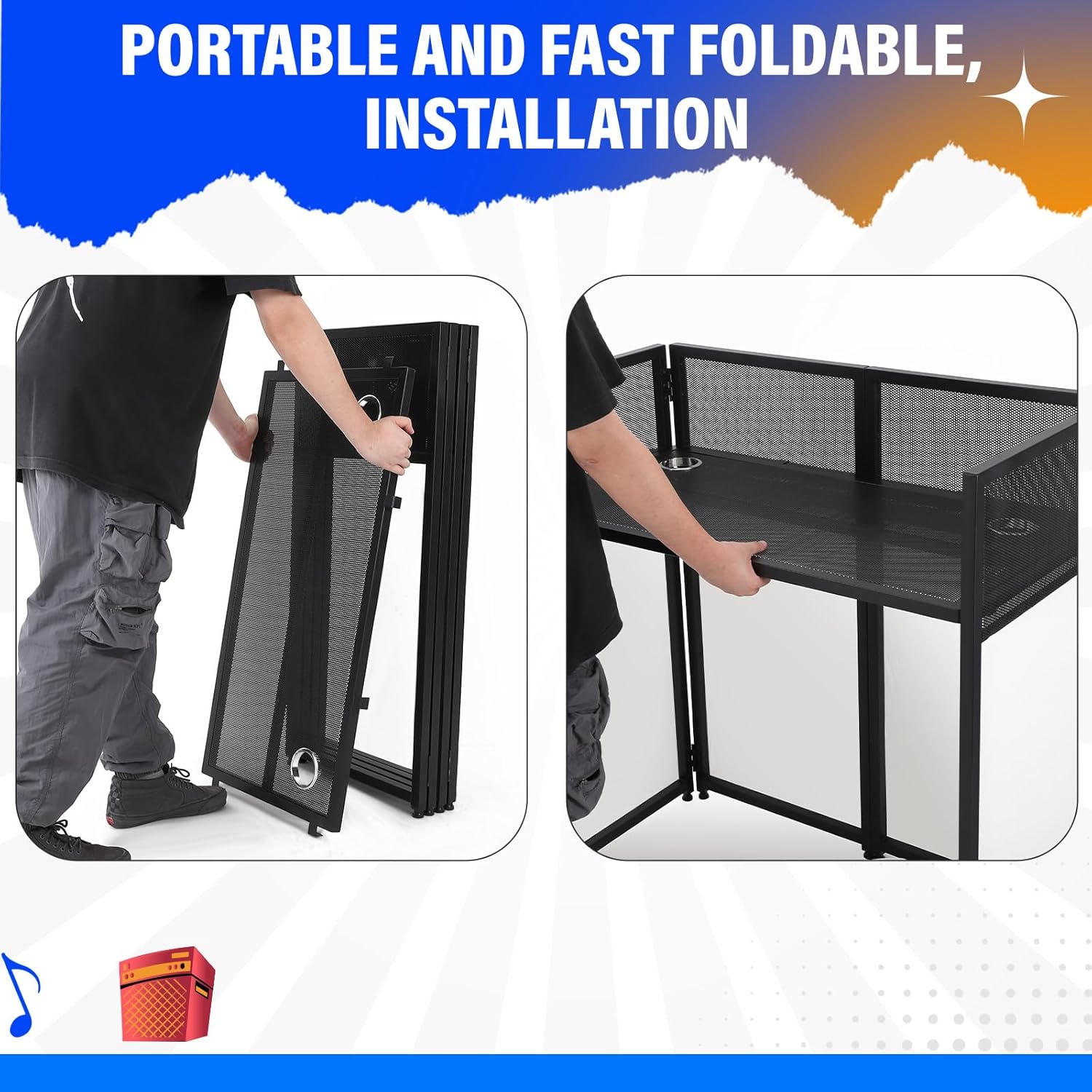 Portable DJ Facade Booth with White & Black Scrim, Foldable Table Station, Black Metal Frame Q241