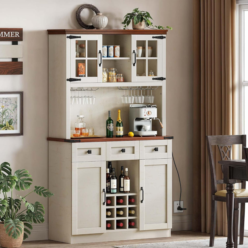 DWVO Coffee Bar Cabinet with Power Outlet and Lights, Farmhouse Pantry Cabinet, Antique White D44061
