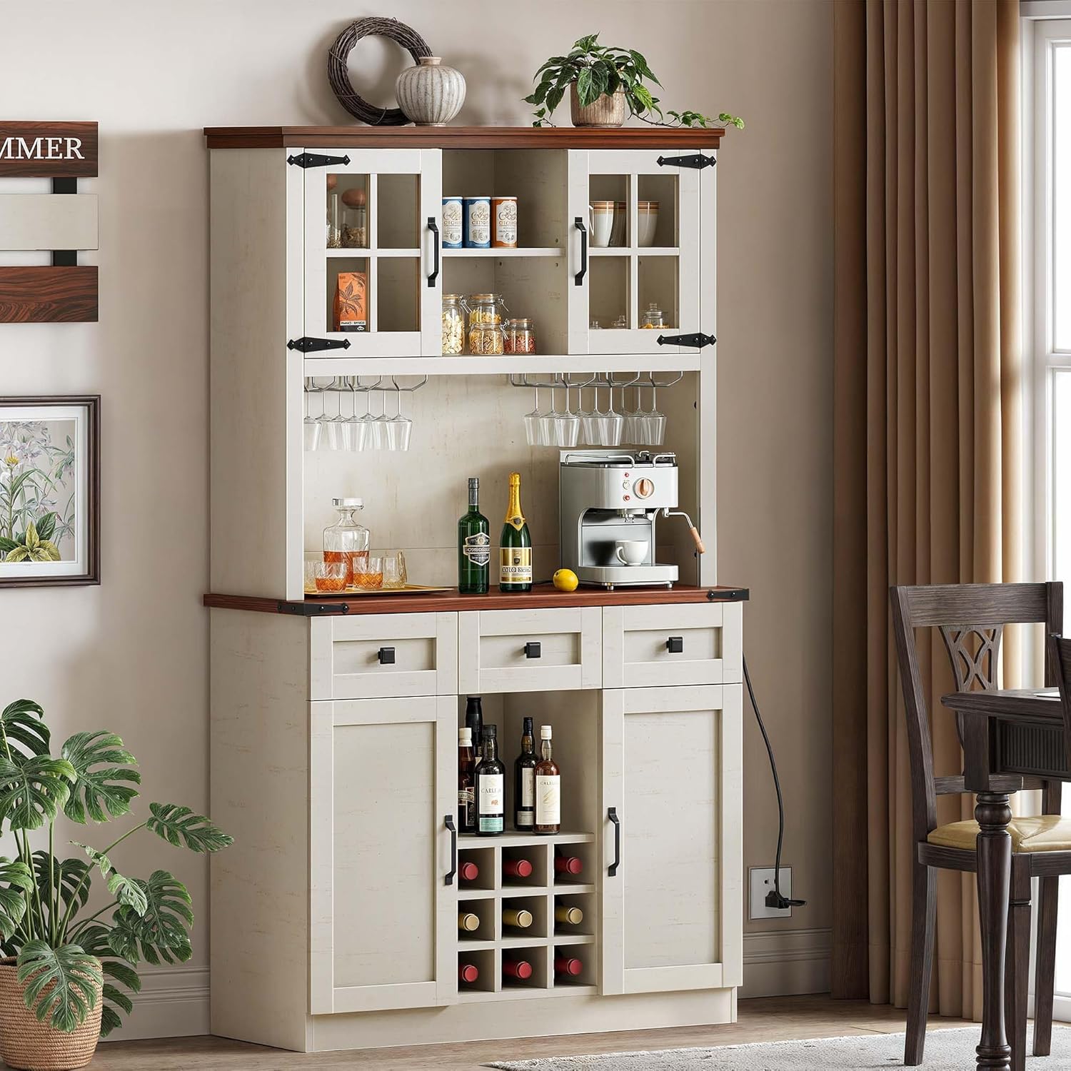 DWVO Coffee Bar Cabinet with Power Outlet and Lights, Farmhouse Pantry Cabinet, Antique White D44061