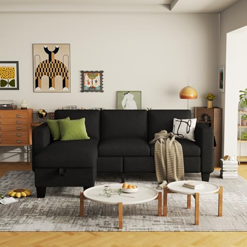 Convertible Sectional Sofa Couch Beige with Storage Ottoman S7169