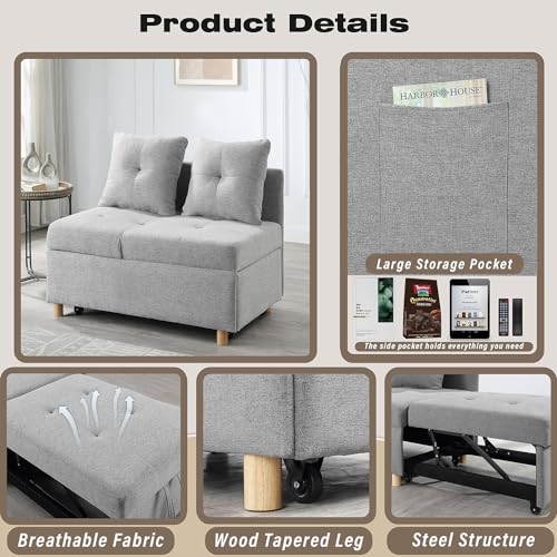 Pull Out Sleeper Sofa Bed Chair 4-in-1 Convertible, Linen Fabric Loveseat with 2 Throw Pillows, Light Gray B7065