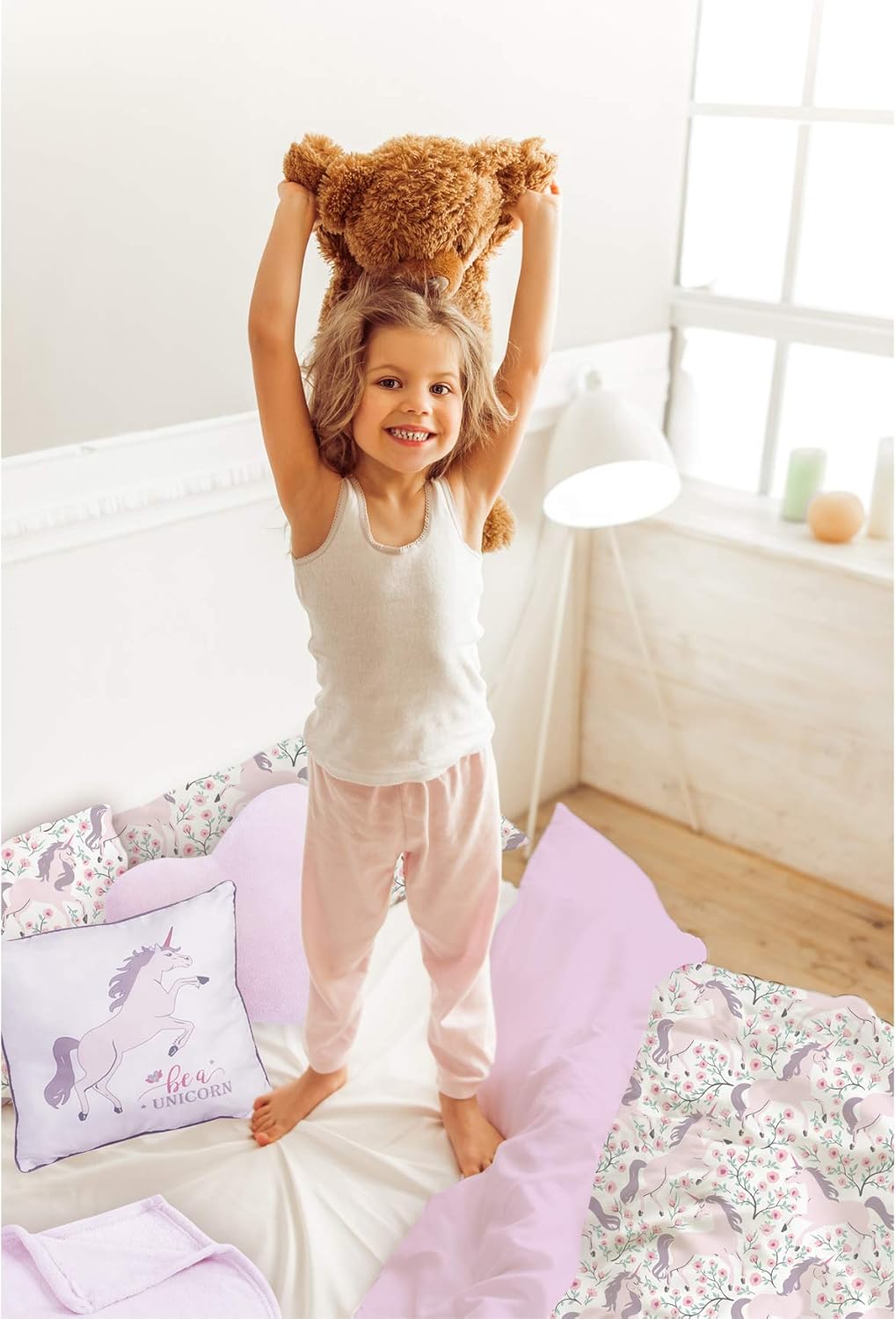 Floral Unicorn Kids Comforter Set Twin Size, 5-Piece Bedding with Throws and Pillow Shams F128