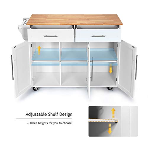 Giantex Kitchen Island Cart with Lockable Castors, 2 Drawers, 3 Door Cabinet, White F858