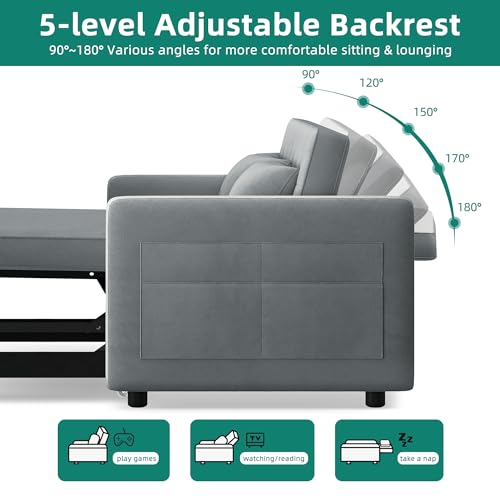 YITAHOME 55" Convertible Sofa Bed, 3-in-1 Sleeper Sofa, Velvet Futon Couch, Grey Z8630