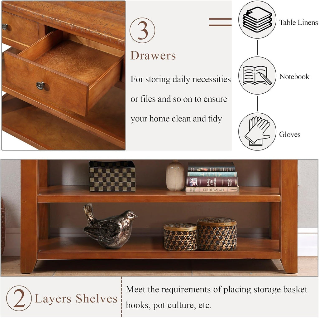 Knocbel Long Console Table with 3 Storage Drawers and Double Bottom Open Shelves, Brown D377