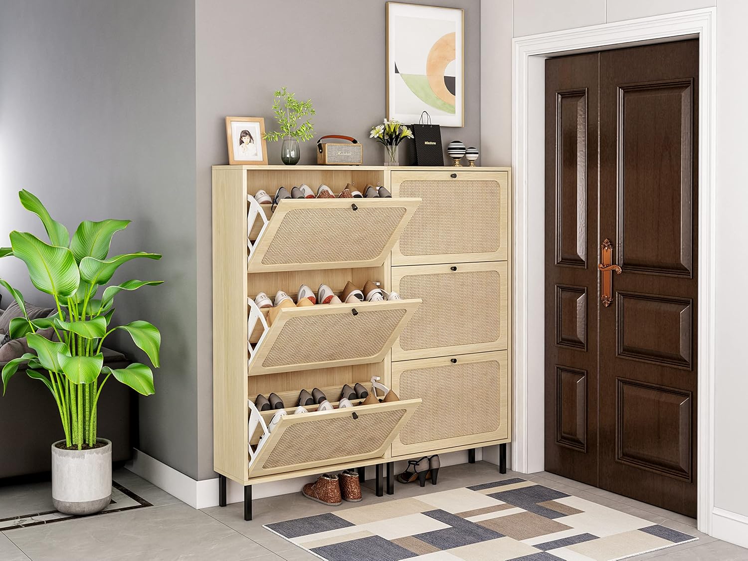 Natural Rattan Freestanding Entryway Storage Cabinet, White+Walnut N399
