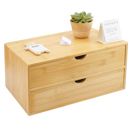 Bamboo Desk Organizer with 3 Drawers Makeup Storage Drawer 3 Drawers Tabletop Storage Organization Box Home Office Workspace Bathroom Toiletries Supplies No Assembly Required…