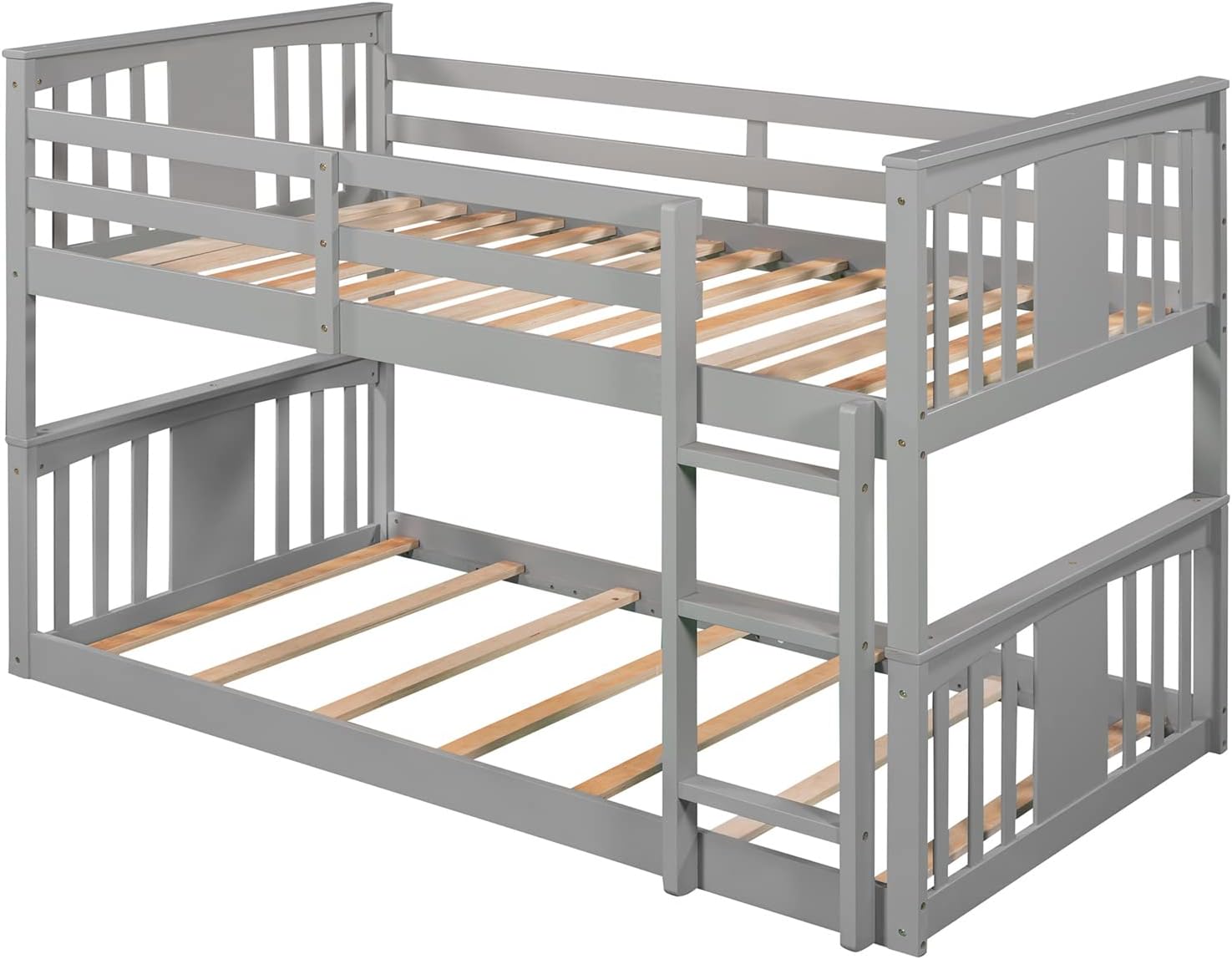 Twin over Twin Low Bunk Bed Frame Wood for Kids, Gray Z1308