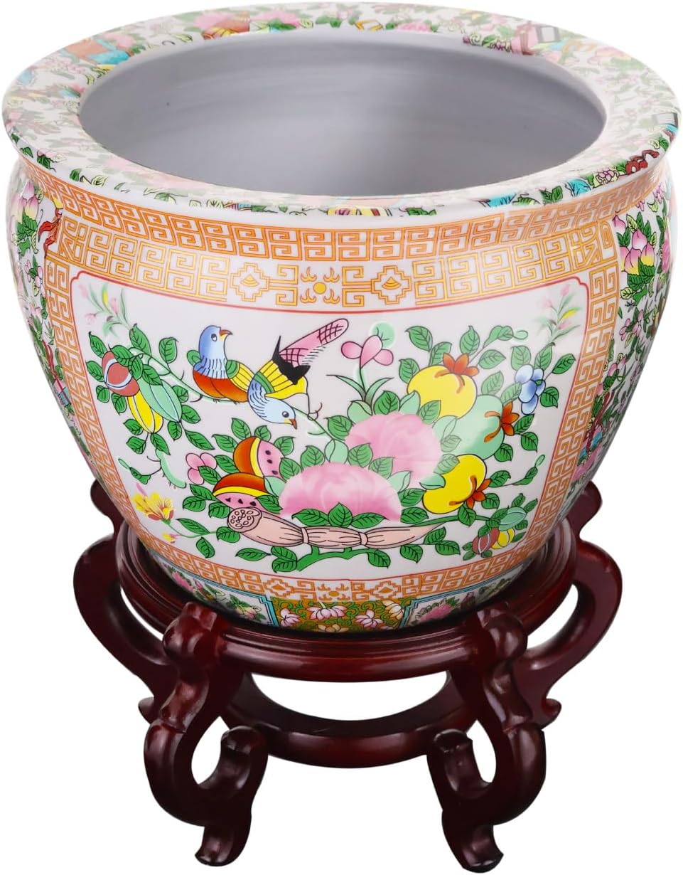 Floral Asian Cachepot Planter with Rose Medallion Painting 10" O233