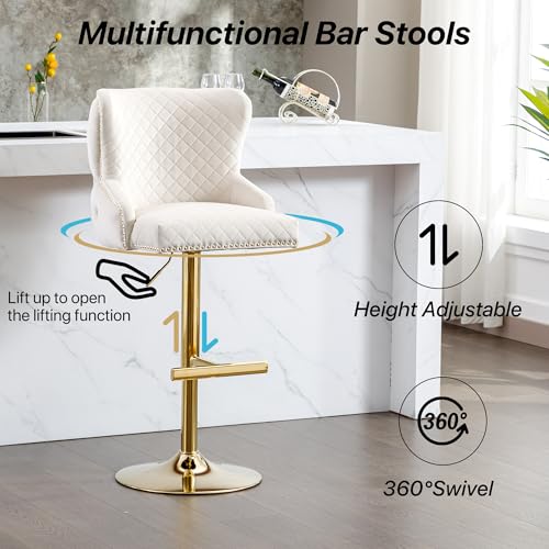 Velvet Barstools Set of 2, Counter Height Adjustable Swivel with Golden Lion Head Ring, Beige C6486