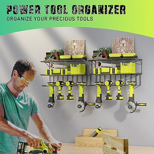 Power Tool Organizer Wall Mounted, 3 Layers with 4 Drill Holders, 2 Pack R30444