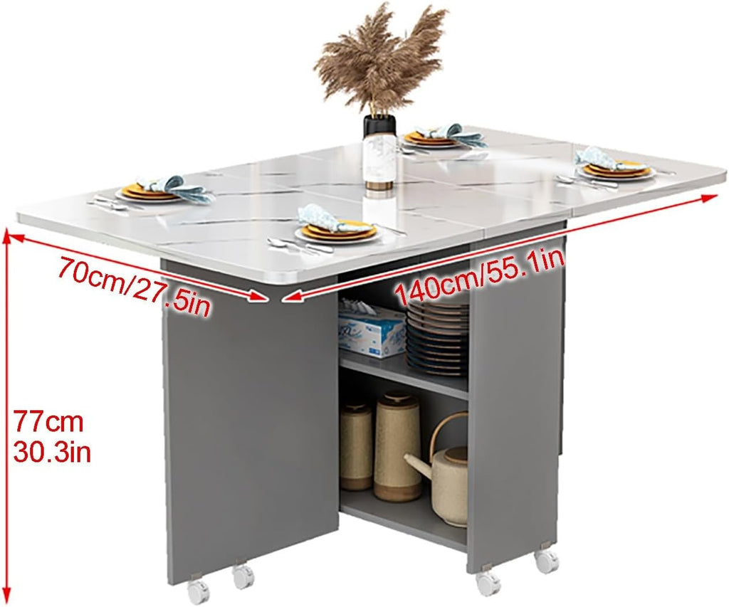 Extendable Drop Leaf Folding Dining Table with Wheels and Storage Shelf Y74446