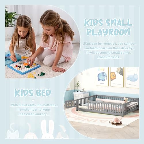Montessori Floor Bed with Safety Fence, Solid Wood, Gray G24661