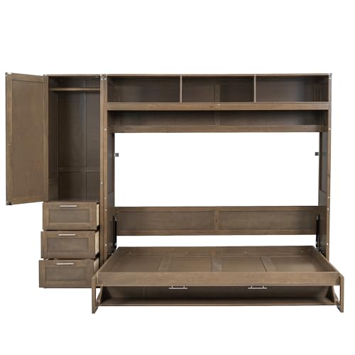Full Size Murphy Bed Wall Bed with Wardrobe, 3 Drawers and Shelves, Antique Grey T745