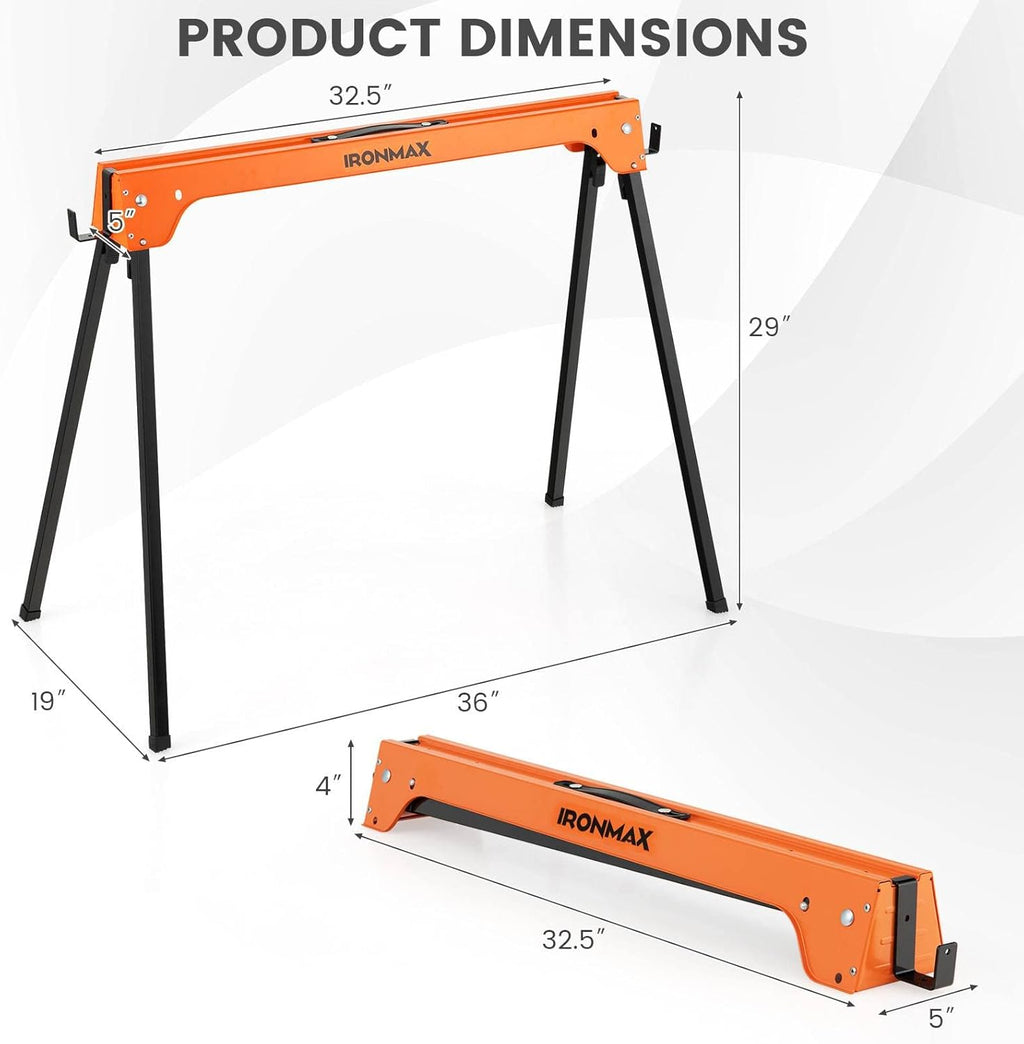 IRONMAX Saw Horses 2 Pack Folding, Heavy Duty 2644 LBS Capacity with Detachable Hooks D514824