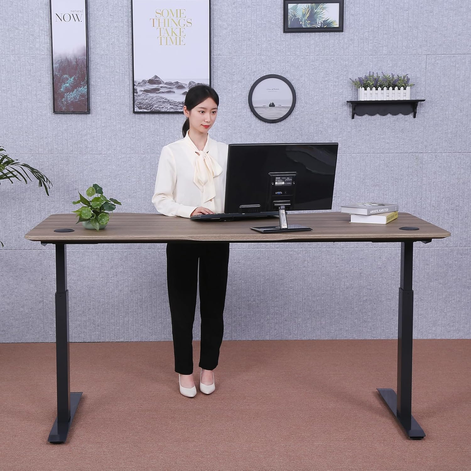 ApexDesk Elite Pro Series Electric Height Adjustable Desk, Curved Teak Top, Black Frame K383276