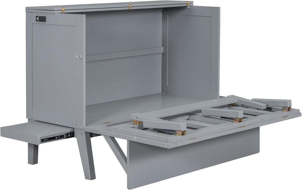 Full Size Murphy Wall Bed with Cabinet and USB Port, Gray E415639