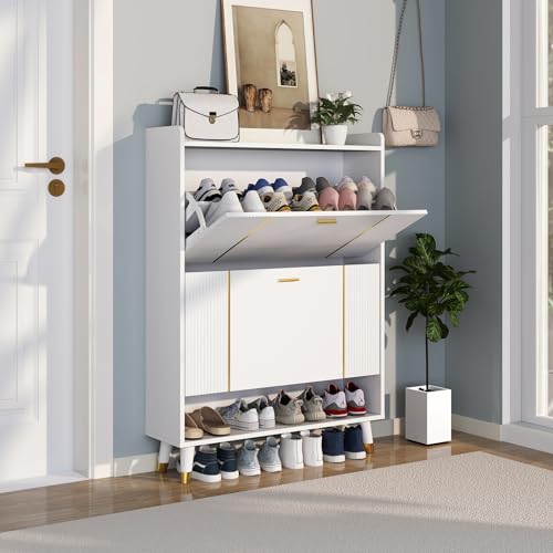 Shoe Storage Cabinet with 3 Flip Drawers, Slim Wooden Freestanding Shoe Cabinet, Hidden Narrow Shoes Rack Organizer for Entryway Hallway Entrance, Holds 28 Pairs, White