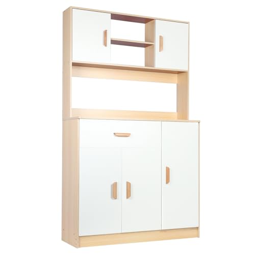 Multi-Function Kitchen Pantry Storage Cabinet, Freestanding Hutch with Buffet Cupboard, Microwave Stand, and Utility Pantry featuring Drawers, Doors, and Shelves for Household Organization W