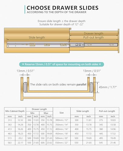 1 Pair Soft Close Drawer Slides 12-22 inch Full Extension Side Mount O84085