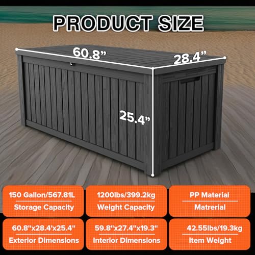 150 Gallon Outdoor Resin Deck Box Storage, Lockable & Waterproof, Brown J5201