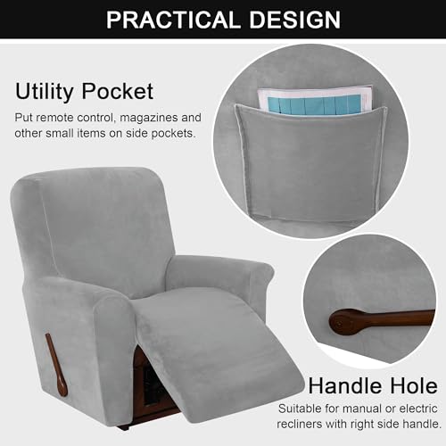 Stretch Recliner Chair Cover 4-Pieces Soft Velvet Slipcover with Pocket (Royal blue) E3839