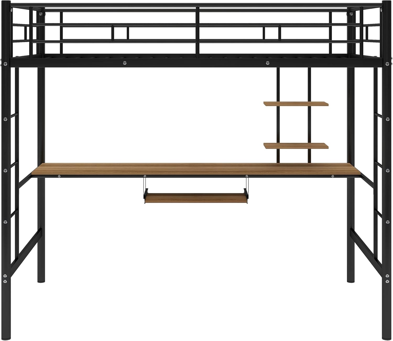 MERITLINE Metal High Loft Bed, Twin with Desk and Storage Shelf, Black J431