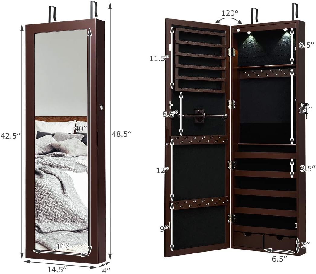 Giantex Jewelry Armoire Wall Door Mounted with Full Length Mirror, Lockable, Espresso Y32742