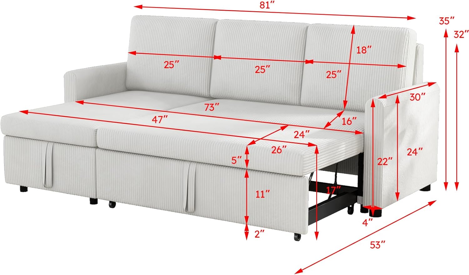 Convertible Sleeper Sofa Bed 3 in 1, Corduroy L-Shaped Sectional with Storage, Beige I696464