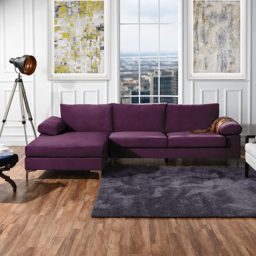 Casa Andrea Milano Modern Large Velvet L-Shape Sectional Sofa, with Extra Wide Chaise Lounge Couch, 51"D x 101"W x 31"Hc, Purple
