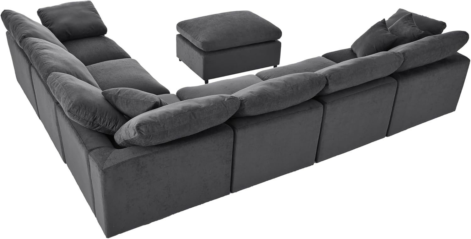 Deep Seat Convertible Modular Sectional Sofa with Movable Ottoman, 7 Seater Polyester Upholstery H8701