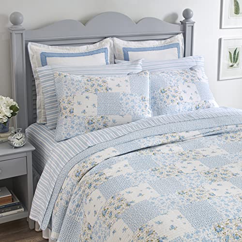 Laura Ashley King Cotton Reversible Quilt Set with Shams, Kenna Blue V86923