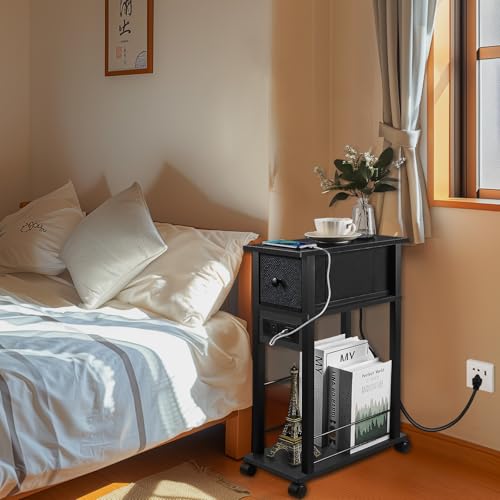 Side Table with Charging Station and Drawer, Narrow End Table with USB Ports, Black F62344