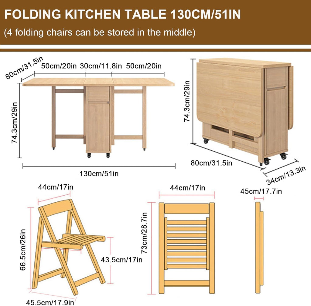 Folding Dining Table with 4 Chairs and Storage Drawers, Wood, with Wheels Z5281