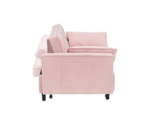 Corduroy Pull-Out Sofa Bed with Side Pockets, Beige D24389