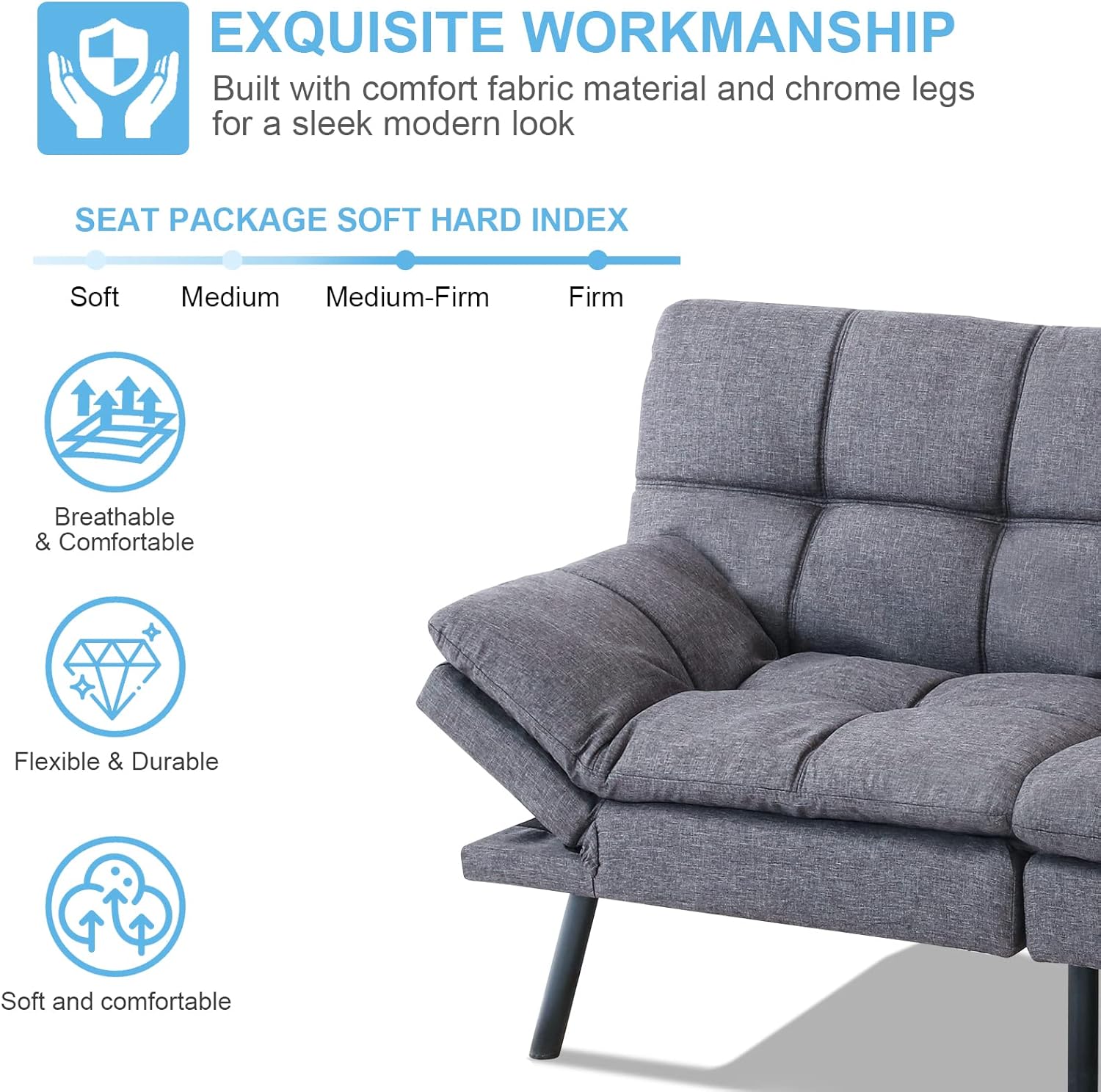 MUUEGM Futon Convertible Memory Foam Couch Bed, Grey L611586