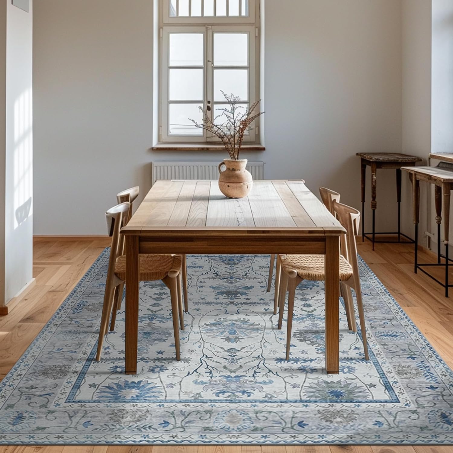 Boho Grey Flower Printed Washable Area Rug 8x10 E2615