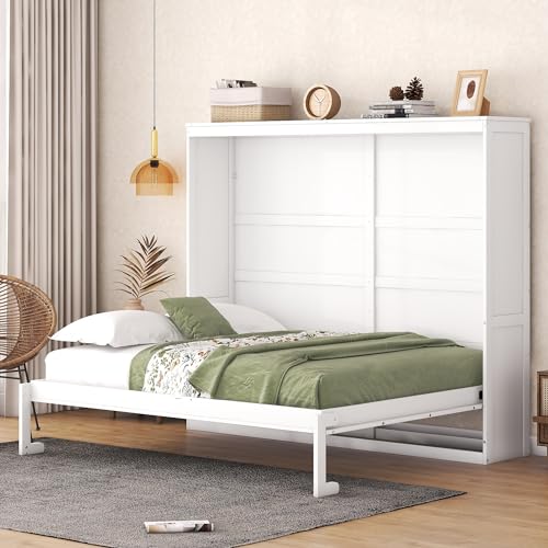 Murphy Bed Queen Size Folding Bed Cabinet with Large Shelf for Multipurpose Guest Room Home Office, Space-Saving Wall Chest Flexible Wood Slats No Box Spring Needed
