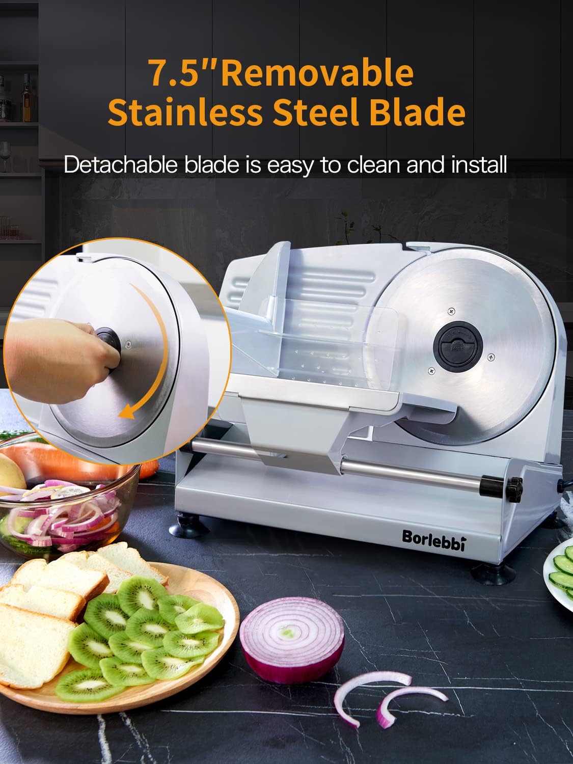 Electric Meat Slicer with 7.5" Stainless Steel Blades, Adjustable Thickness X48697