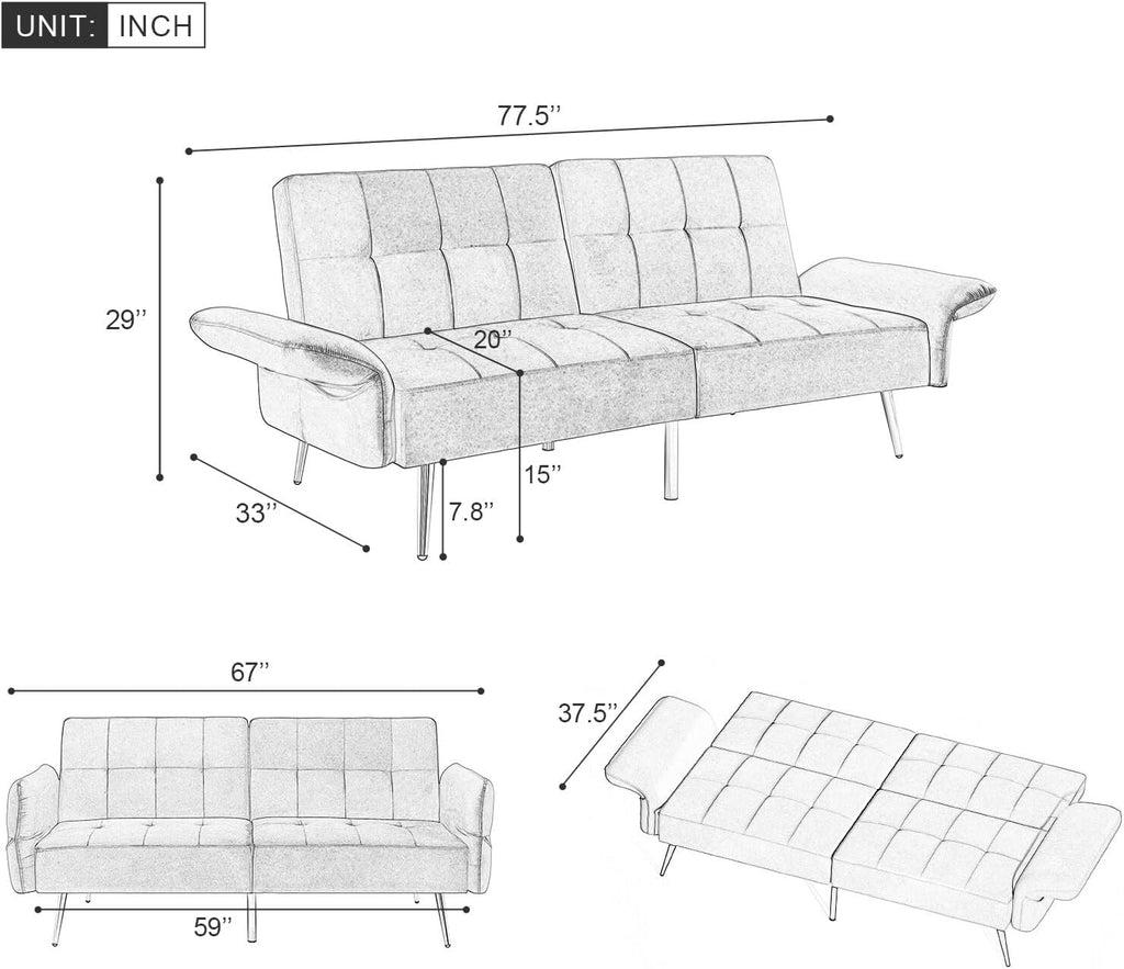 Velvet Convertible Sleeper Loveseat Futon Couch Black E55298