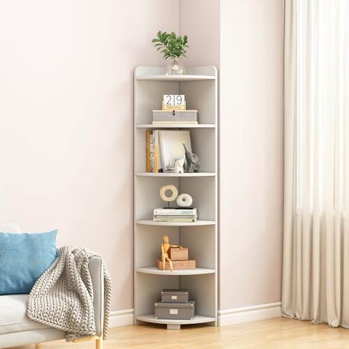IOTXY 6-Tier Open Corner Shelf, 71" Tall Wooden Floor Standing Bookshelf, Oak S83526