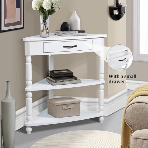 3-Tier Corner Shelf with Drawer, Solid Wood Legs, White H302312