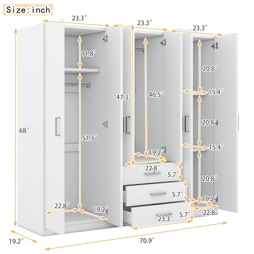 Large Wardrobe Closet 6 Doors with Drawers, Gray F431