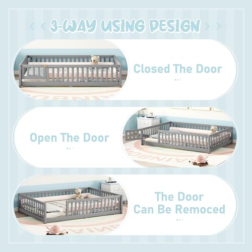 Montessori Floor Bed with Safety Fence, Solid Wood, Gray G24661