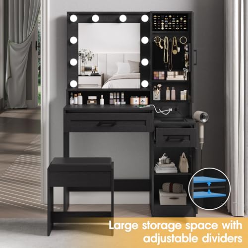 Fameill Vanity Desk with Mirror and Lights, Makeup Table with Chair and Outlet, White O781