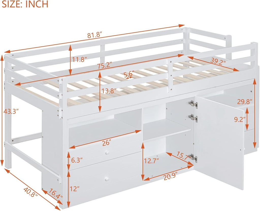 Twin Size Kids Loft Bed with Storage, Wooden Frame with Drawers and Ladder, White Q147